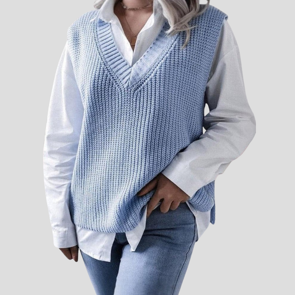 Blå ærmeløs sweater med V-hals til kvinder