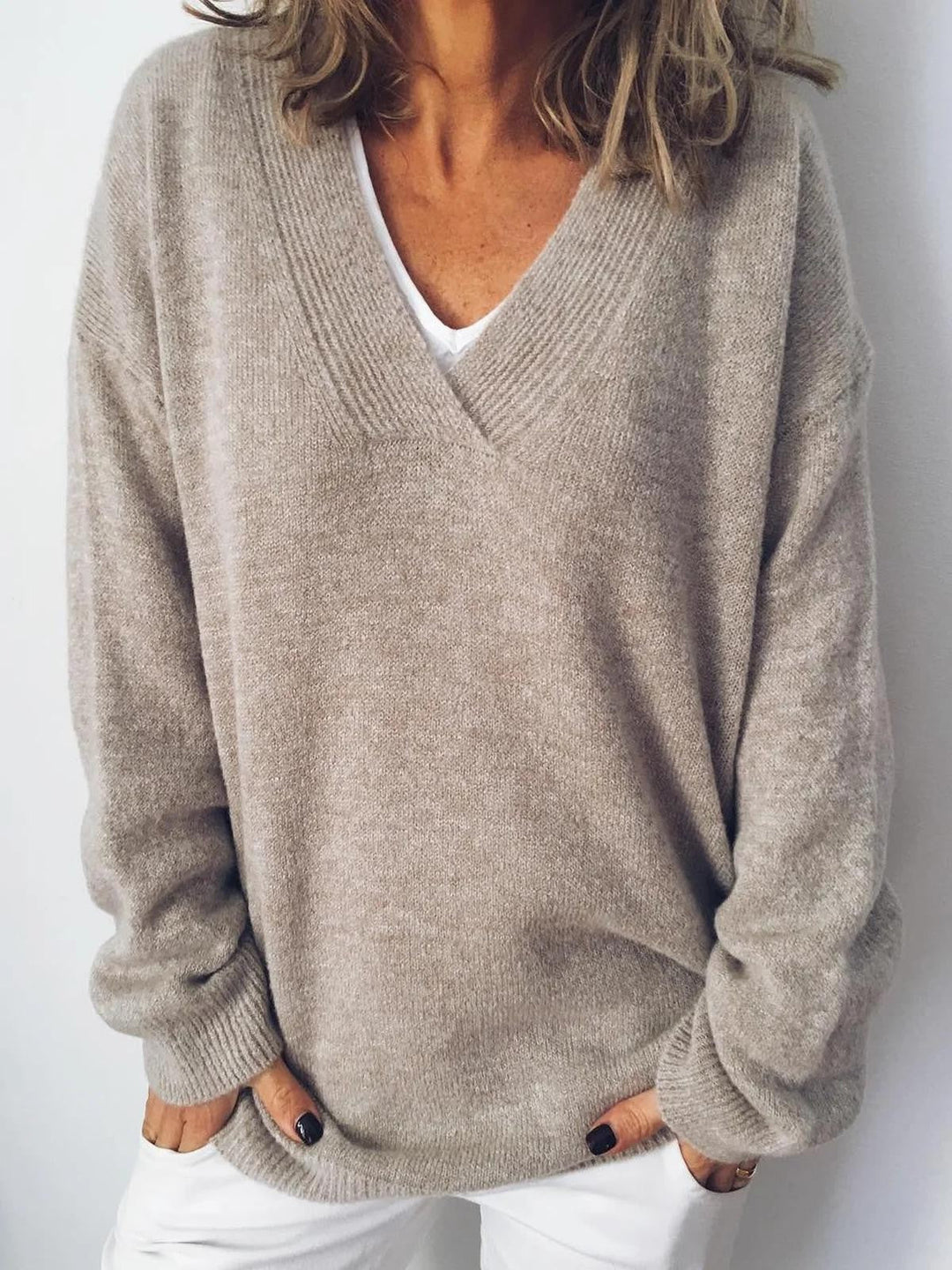Abrikosfarvet V-hals Langærmet Sweater