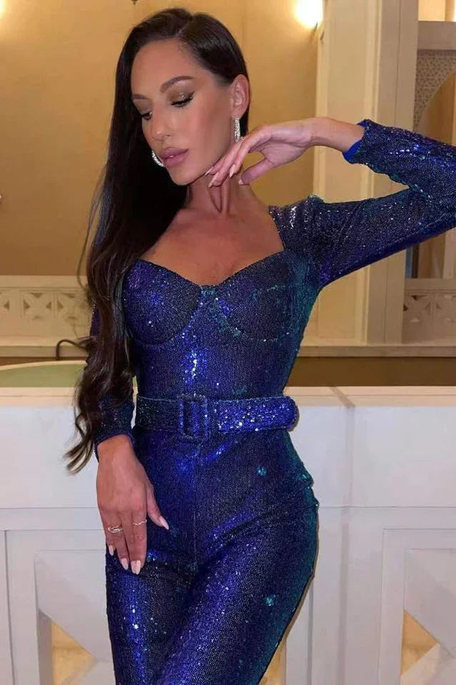 Pailletjumpsuit med korsetdetaljer og vidde ben