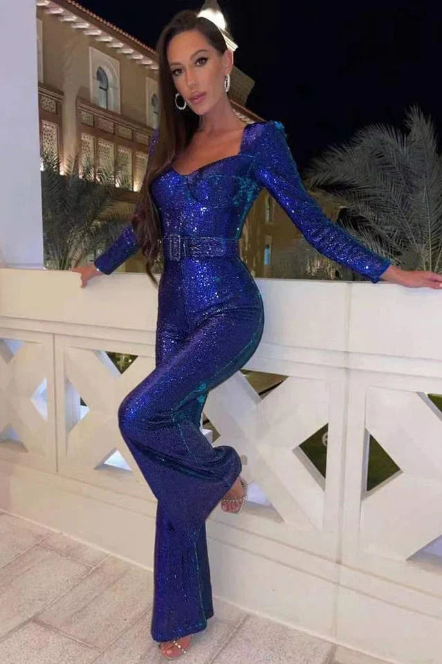 Pailletjumpsuit med korsetdetaljer og vidde ben