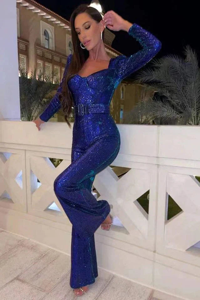 Pailletjumpsuit med korsetdetaljer og vidde ben