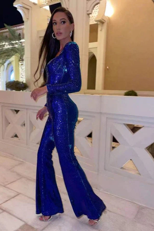 Pailletjumpsuit med korsetdetaljer og vidde ben