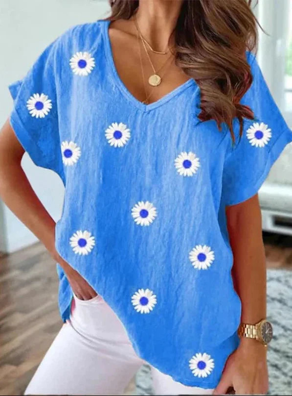 Casual V-Hals T-Shirt med 3D Blomster Print