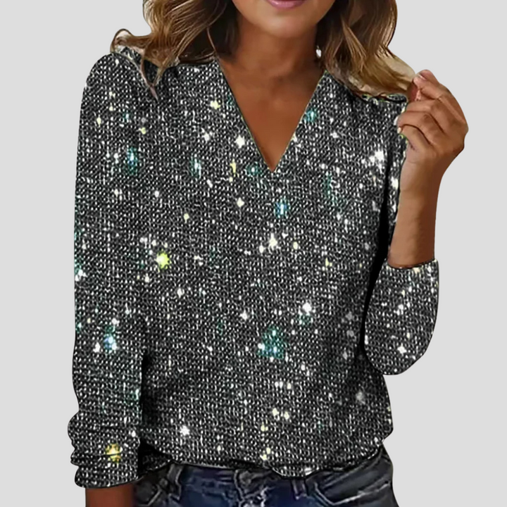 Elegant V-hals glitterbluse med lange ærmer