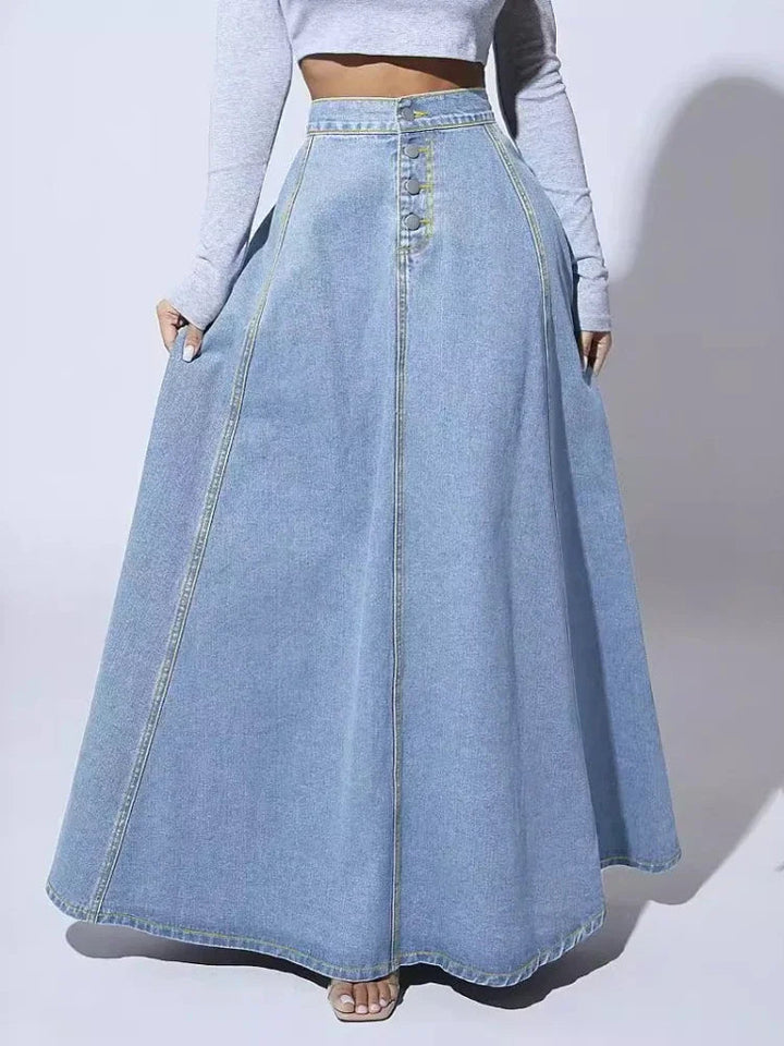 Denim A-line nederdel til kvinder med knaplukning