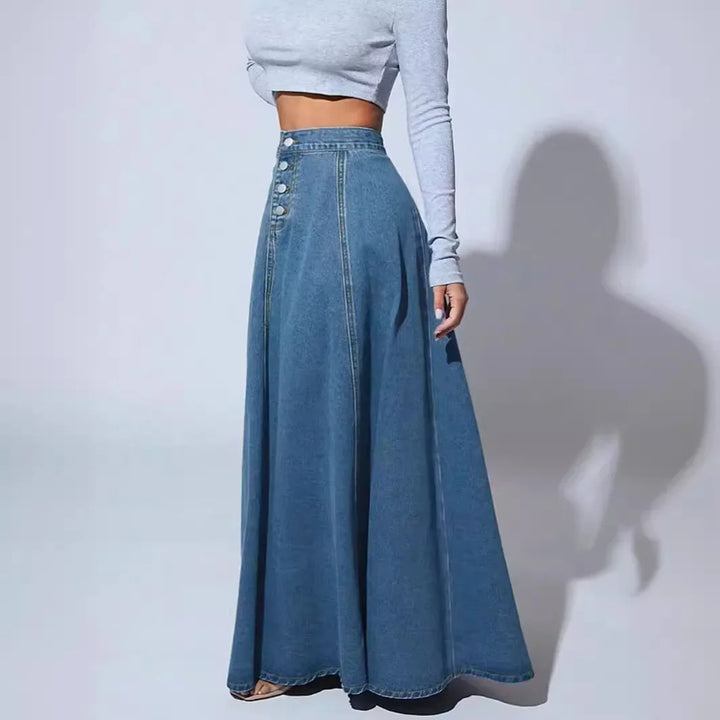 Denim A-line nederdel til kvinder med knaplukning