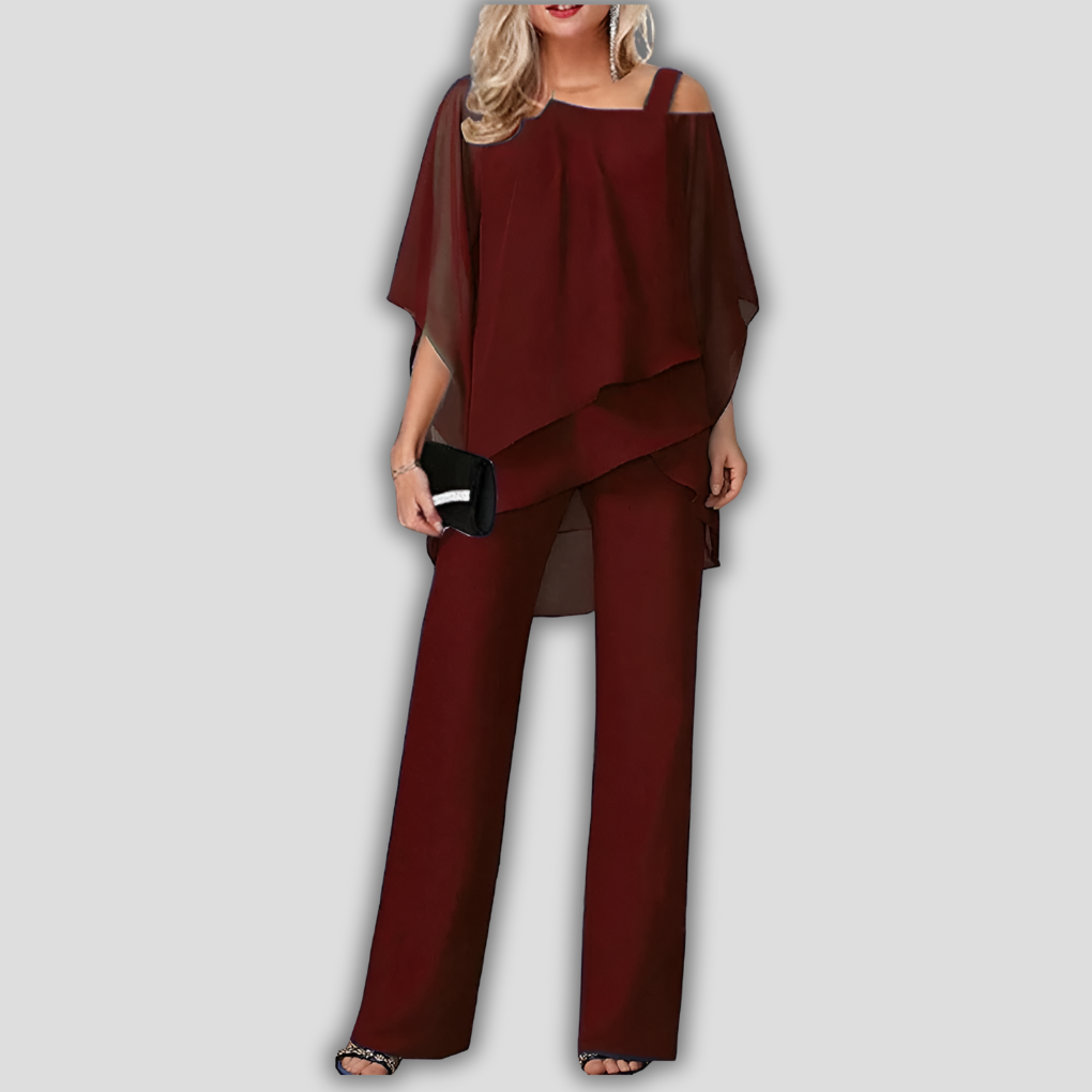 Elegant 2-delt chiffonbuksedragt med lagdelt kappe-top