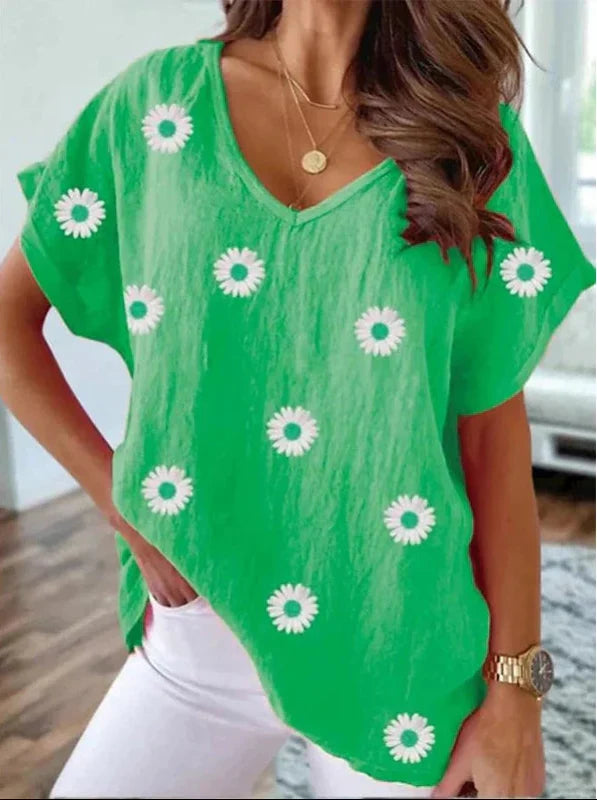 Casual V-Hals T-Shirt med 3D Blomster Print