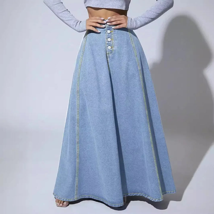 Denim A-line nederdel til kvinder med knaplukning