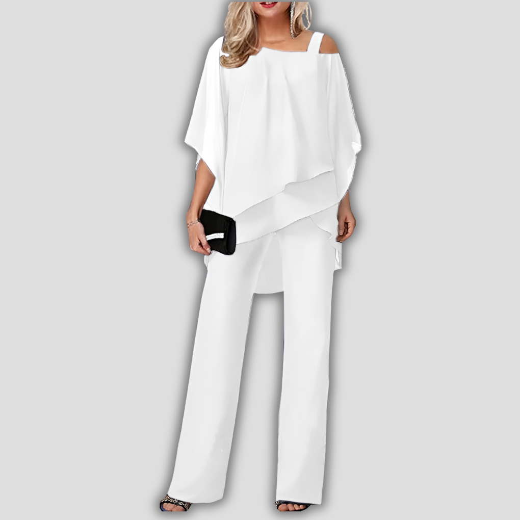 Elegant 2-delt chiffonbuksedragt med lagdelt kappe-top