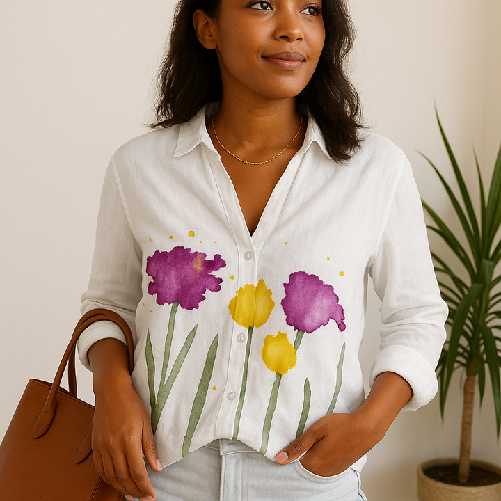 Blomstret V-hals Bluse med Lange Ærmer