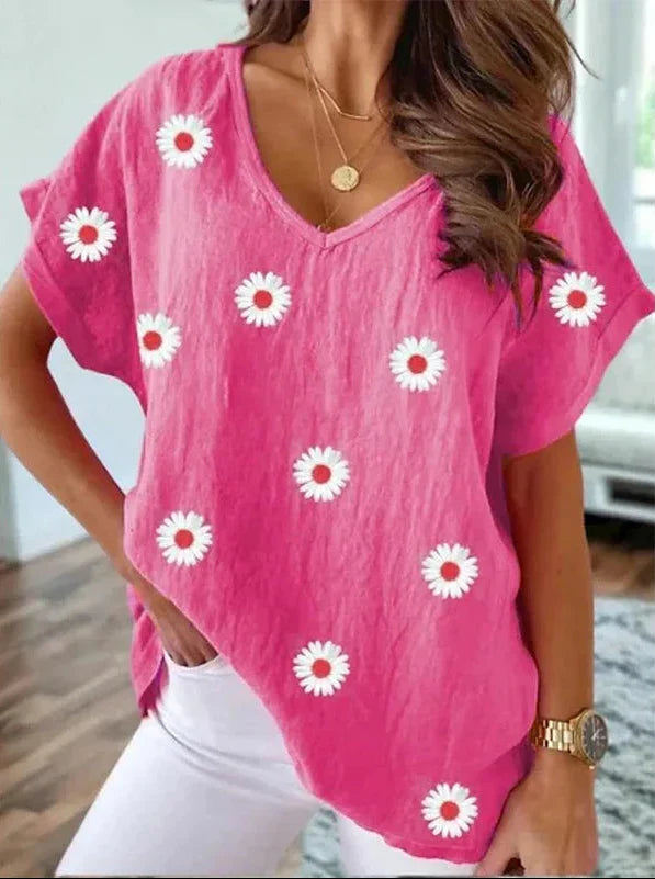Casual V-Hals T-Shirt med 3D Blomster Print