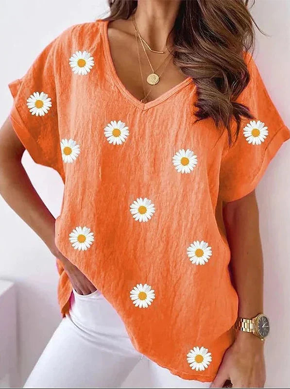 Casual V-Hals T-Shirt med 3D Blomster Print