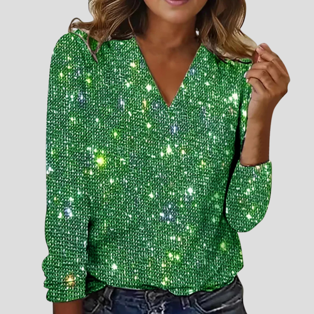 Elegant V-hals glitterbluse med lange ærmer