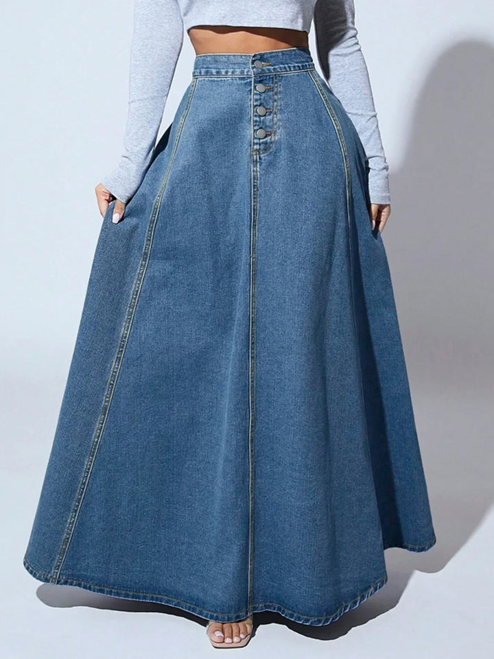 Denim A-line nederdel til kvinder med knaplukning