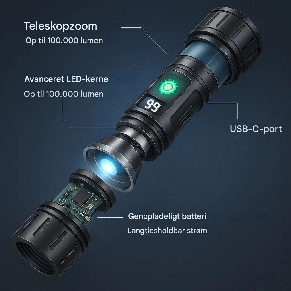 100.000 lumen taktisk lommelygte