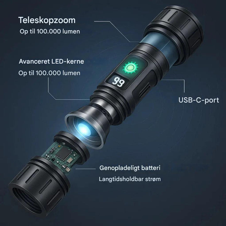 100.000 lumen taktisk lommelygte