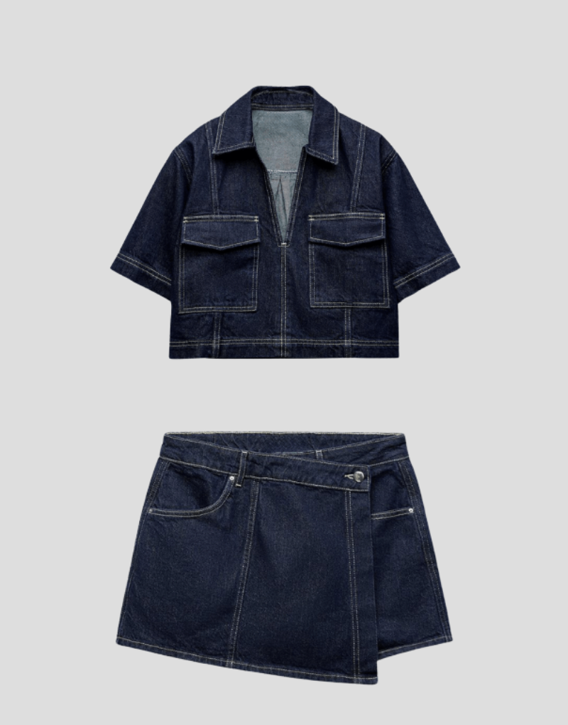 Todelt denimsæt med top og nederdel
