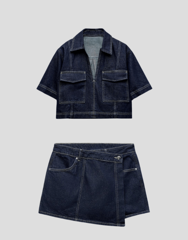 Todelt denimsæt med top og nederdel