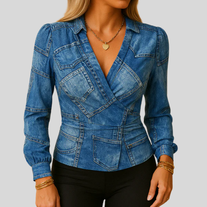 Dametop med langærmet V-hals