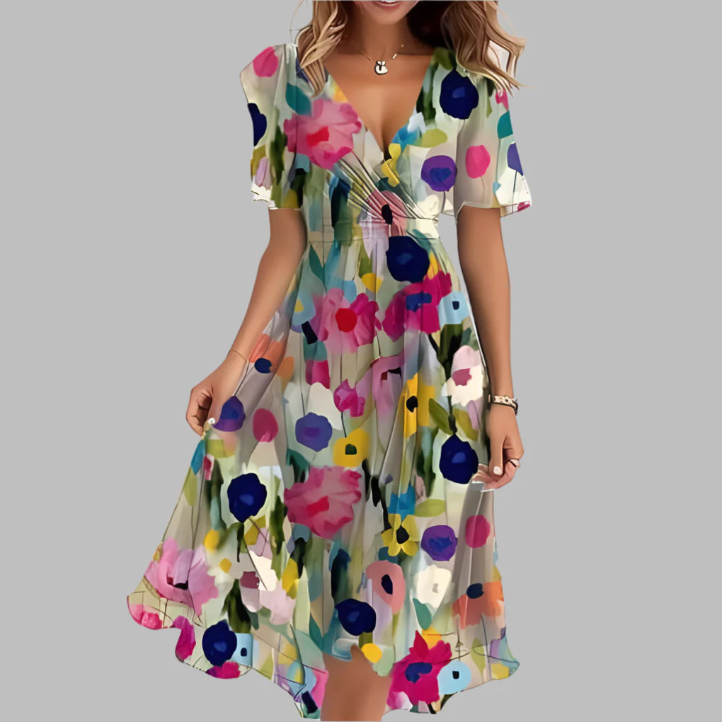 Stilfuld midikjole med blomsterprint og ruching til kvinder
