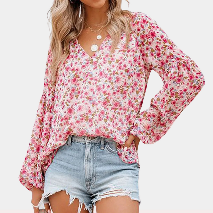 V-Hals Chiffon Bluse Med Lanterne Ærmer