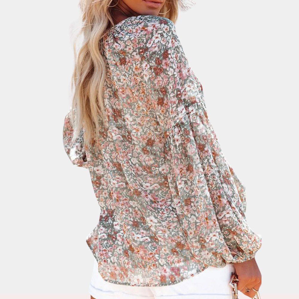 V-Hals Chiffon Bluse Med Lanterne Ærmer