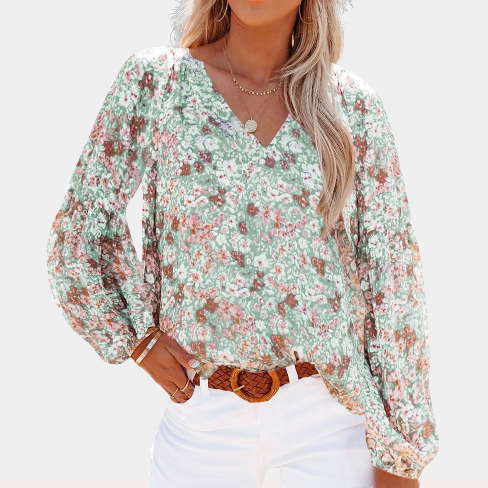 V-Hals Chiffon Bluse Med Lanterne Ærmer
