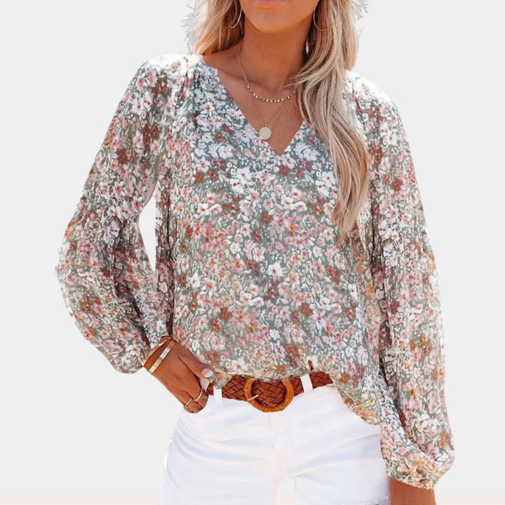 V-Hals Chiffon Bluse Med Lanterne Ærmer