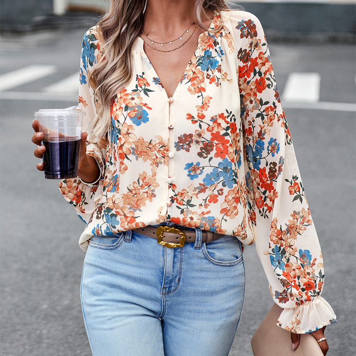 Blomsterprint V-Hals Bluse for Kvinder