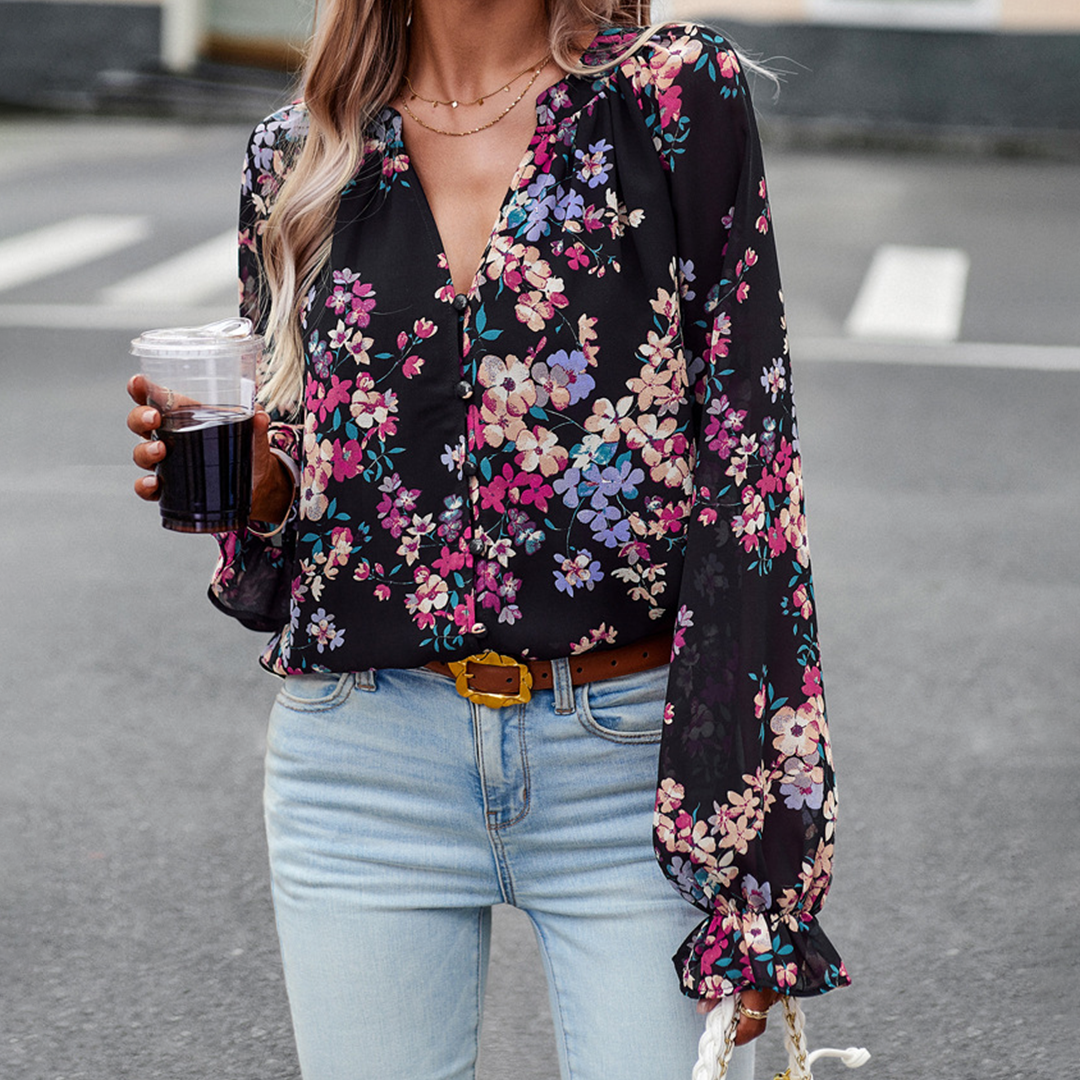Blomsterprint V-Hals Bluse for Kvinder