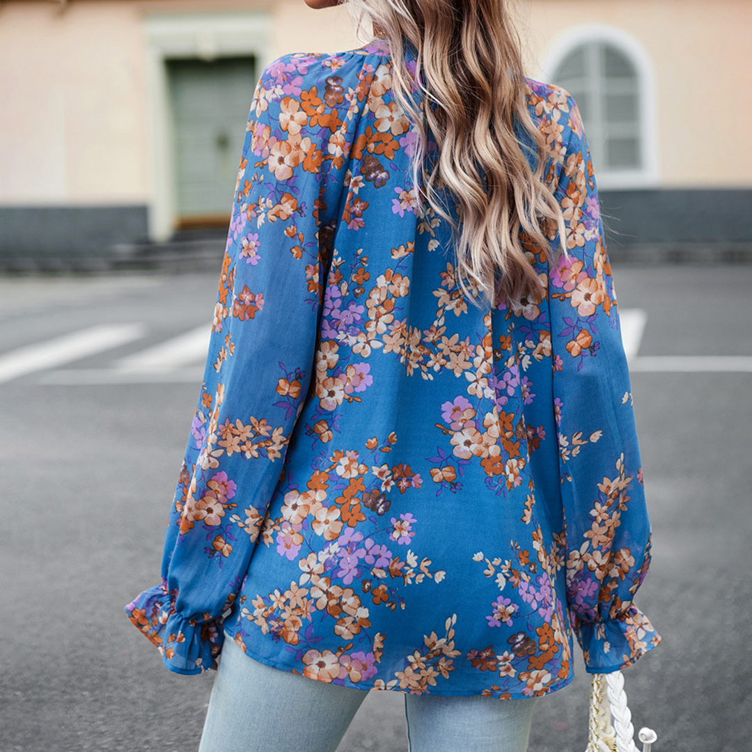 Blomsterprint V-Hals Bluse for Kvinder