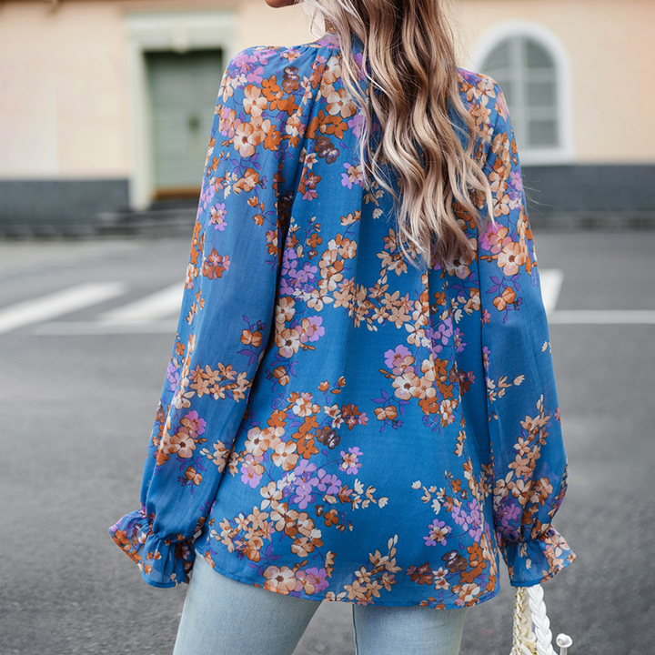 Blomsterprint V-Hals Bluse for Kvinder