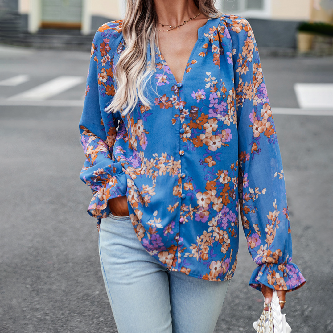 Blomsterprint V-Hals Bluse for Kvinder