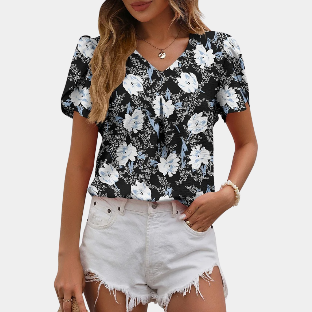 Lucija | Chiffon Flower Blouse - V-hals Top til kvinder