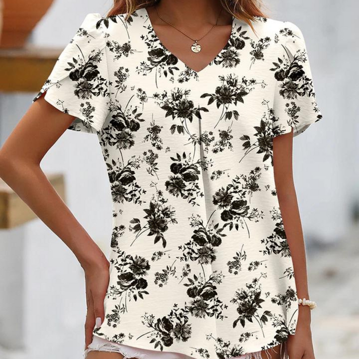 Lucija | Chiffon Flower Blouse - V-hals Top til kvinder