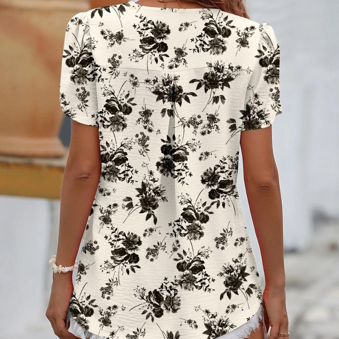 Lucija | Chiffon Flower Blouse - V-hals Top til kvinder