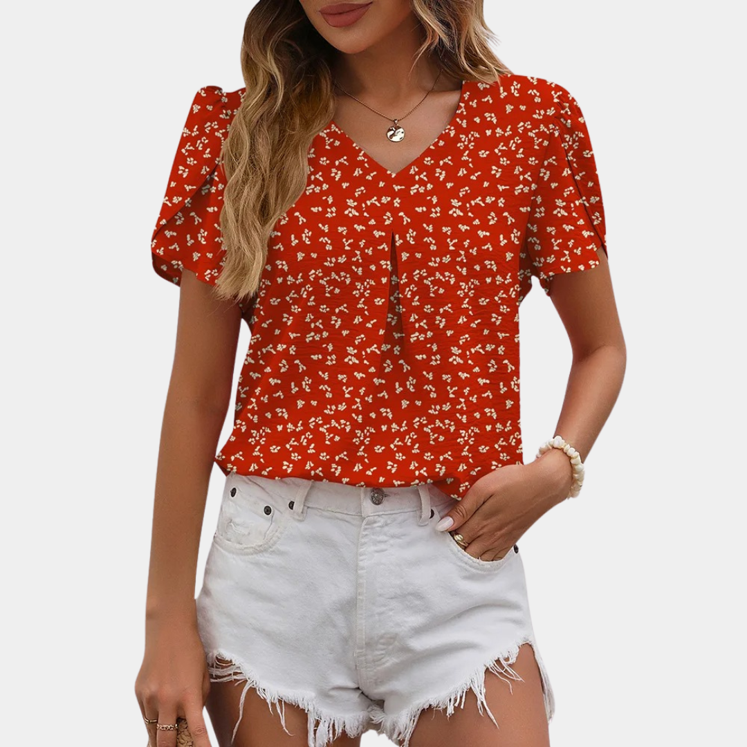 Lucija | Chiffon Flower Blouse - V-hals Top til kvinder