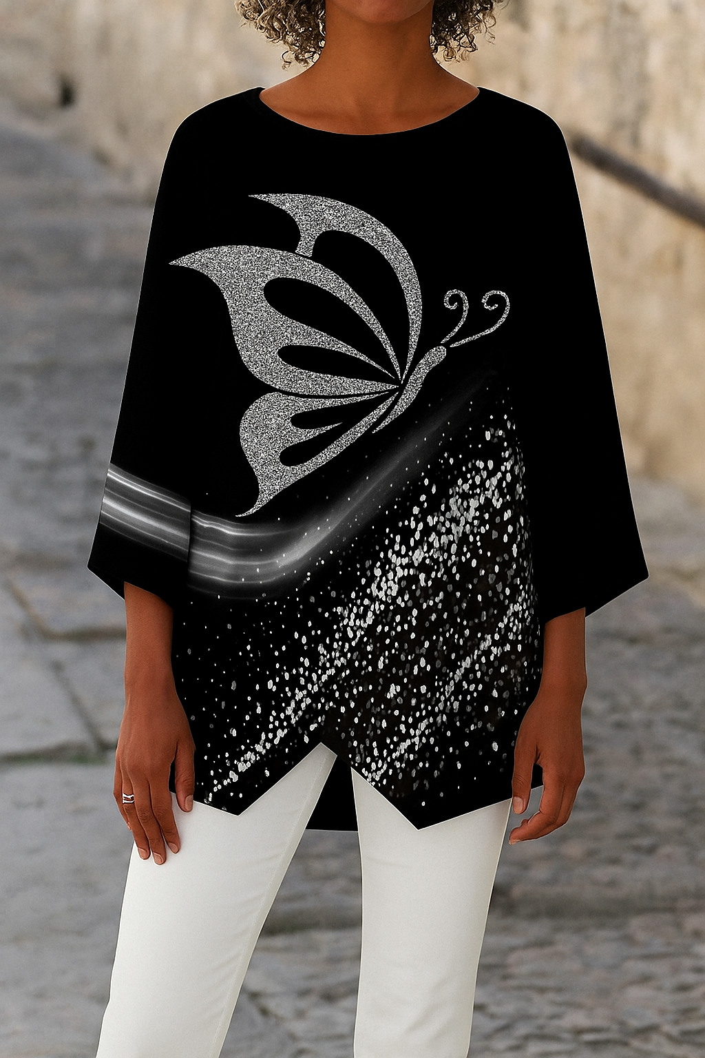 Sommerfugl Print Bluse Med Rund Hals