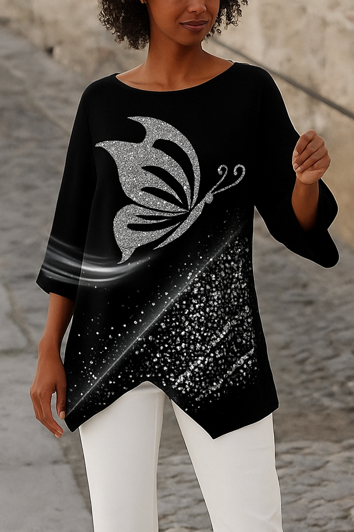 Sommerfugl Print Bluse Med Rund Hals