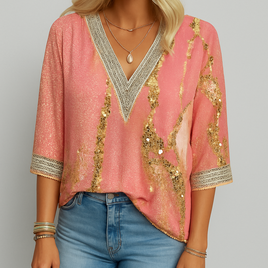 Løstsiddende bluse med V-hals og print