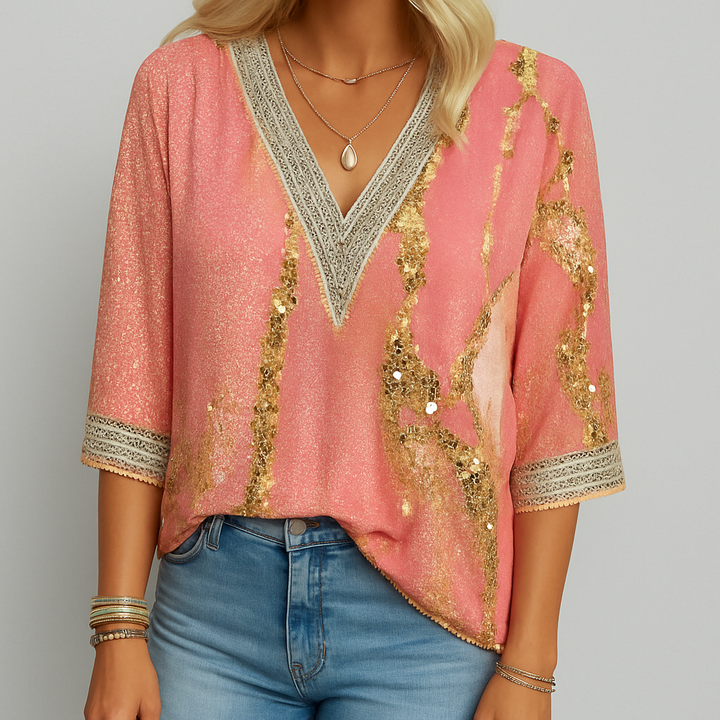 Løstsiddende bluse med V-hals og print