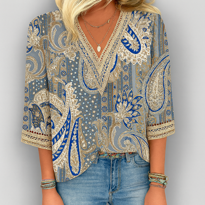 Løstsiddende bluse med V-hals og print