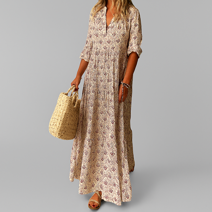 Damekjole med vintageprint og let bomuldsmaxi