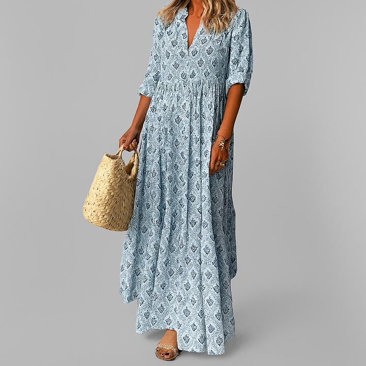 Damekjole med vintageprint og let bomuldsmaxi