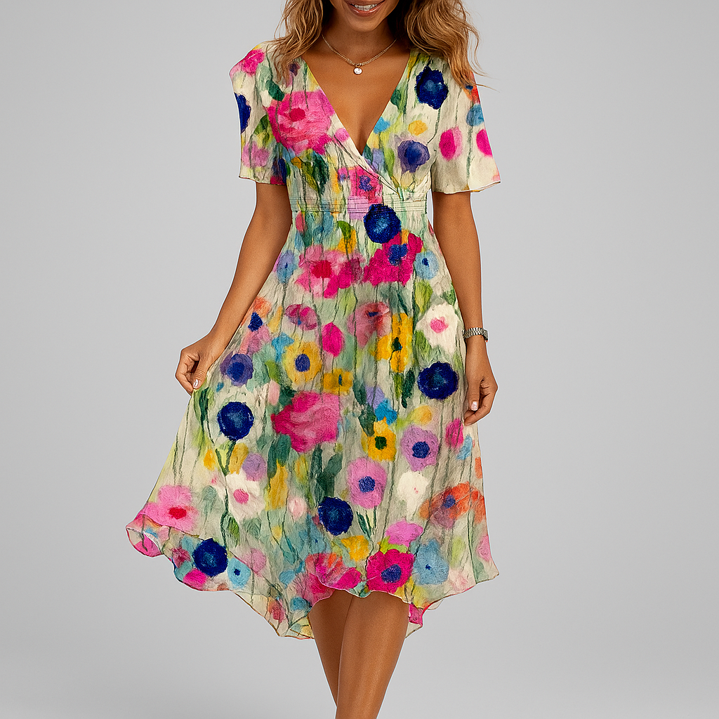 Elegant kjole med dyb V-hals og print