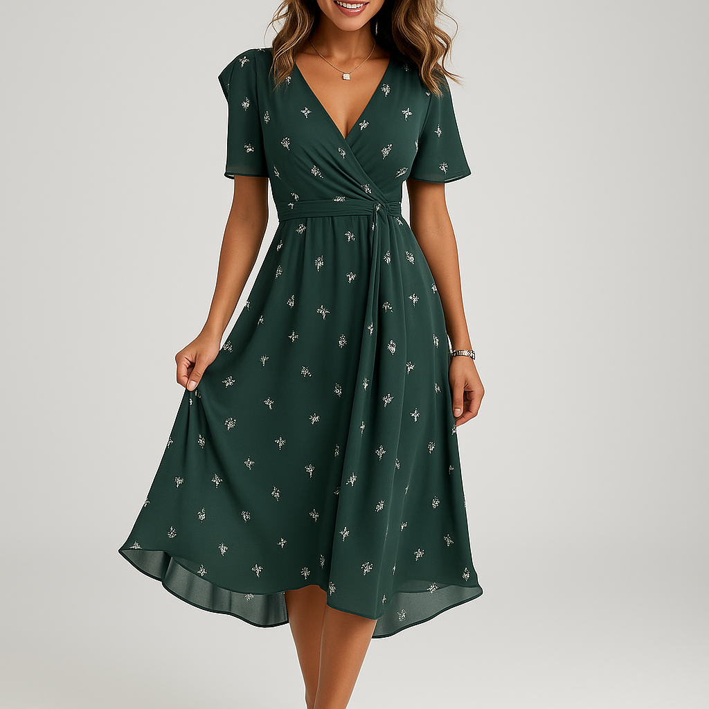 Elegant kjole med dyb V-hals og print