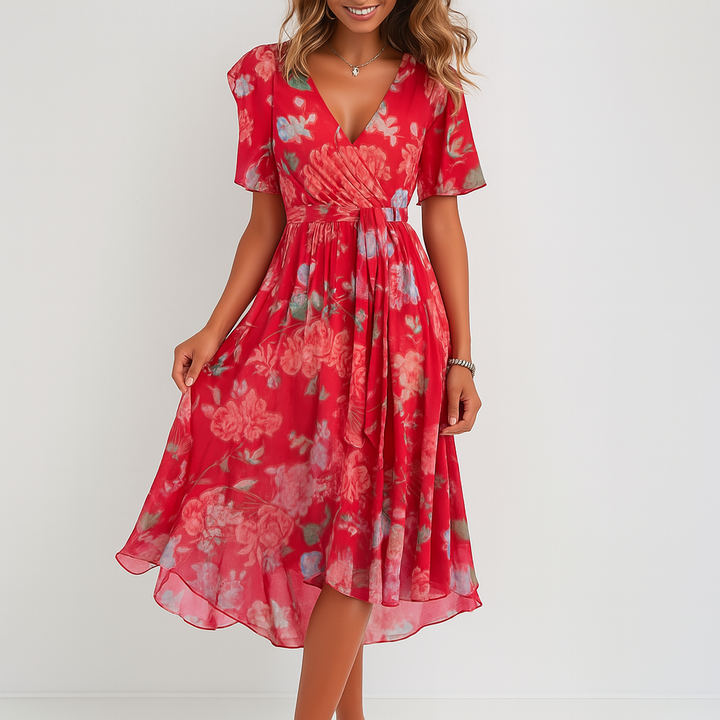 Elegant kjole med dyb V-hals og print