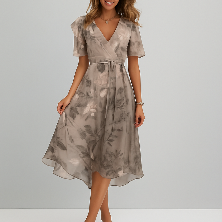Elegant kjole med dyb V-hals og print
