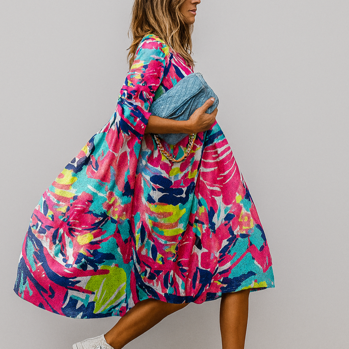 Oversized midi-skjortekjole med blomsterprint